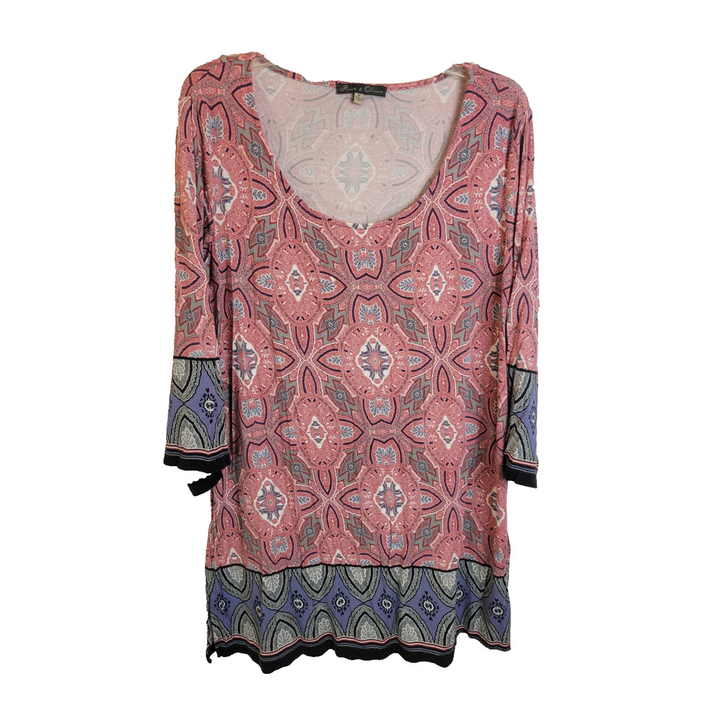 Rose & Olive Pink Blue Medallion Scoop Neck 3/4 Sleeve Tunic Top Women's Size 1X